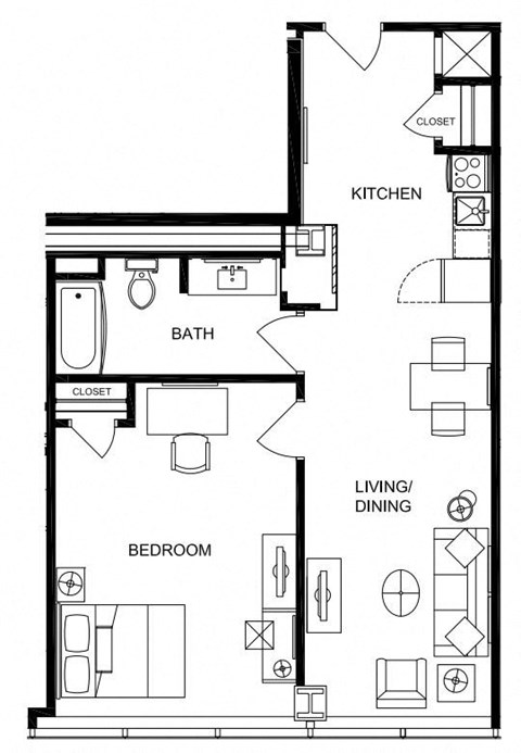 Floor plan for 1 bed, 1 bath, 779 sqft